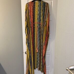Striped Multicolor Boho Maxi Duster with Tassel Tie